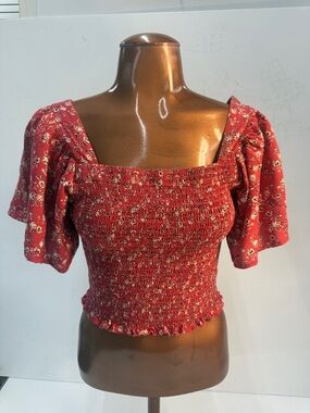 Smocked Floral Crop Top Medium Puff Sleeve Cottagecore Boho
